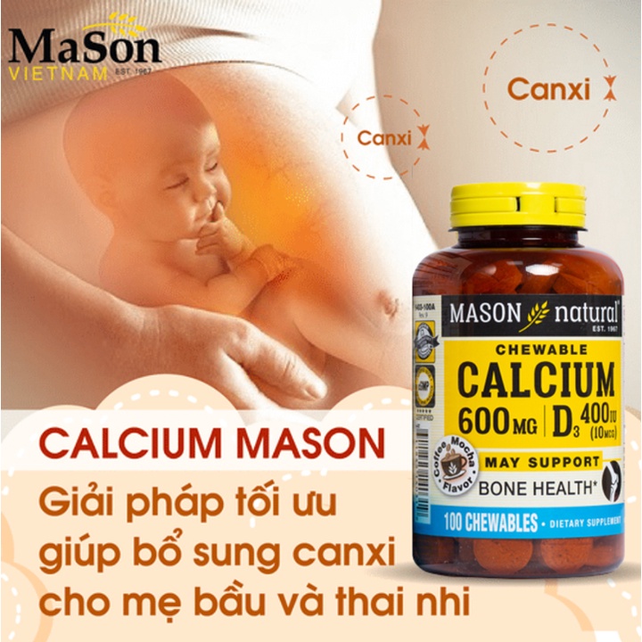 Viên nhai Mason Natural Calcium 600mg + D3 bổ sung canxi và vitamin hỗ trợ xương chắc khoẻ tăng chiều cao. Hộp 100 viên