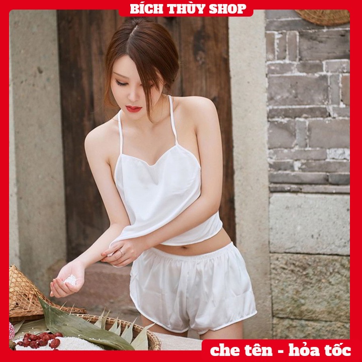 Đồ ngủ lụa cao cấp hai dây chéo lưng gợi cảm (màu trắng) BT03D