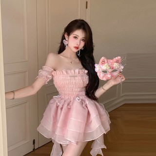Đầm tầng dáng xòe cao cấp hở vai màu hồng thời trang mùa hè cho nữ