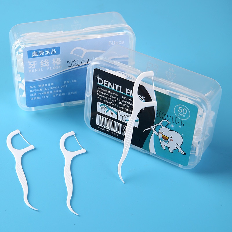 Hộp 50 chiếc tăm chỉ nha khoa DENTAL FLOSS sợi chỉ mảnh chăm sóc răng miệng an toàn tiện lợi