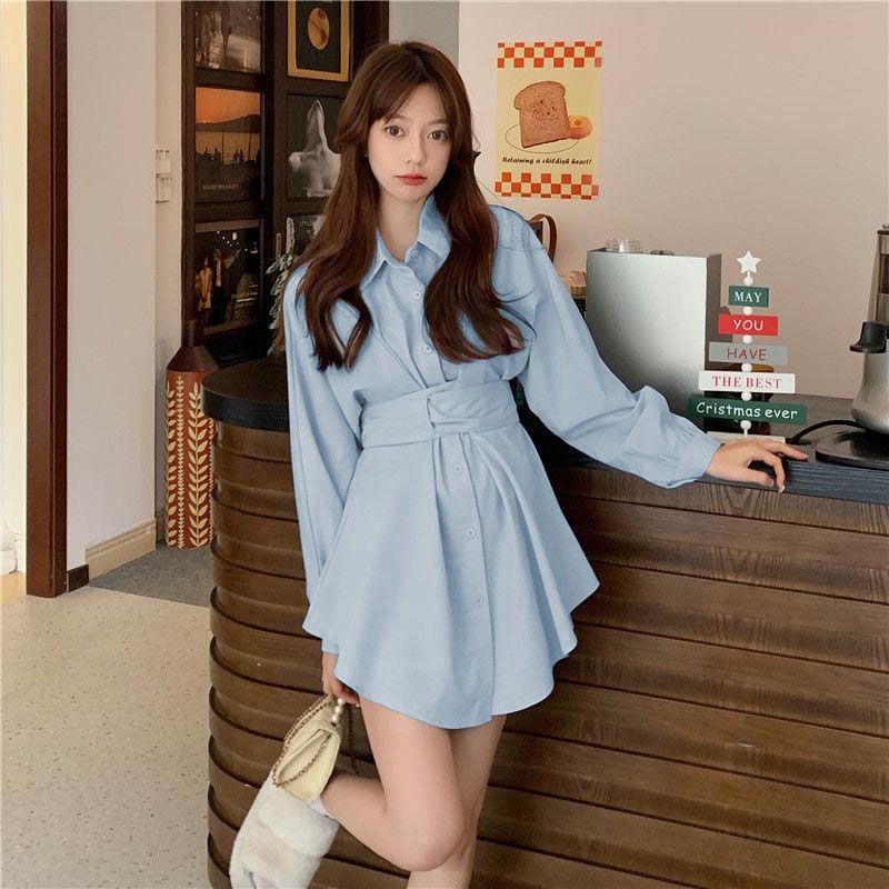 Xin LAN YA SHE Set Áo Sơ Mi Và Váy Ngắn Thời Trang Hàn Quốc Phong Cách Retro Cho Nữ