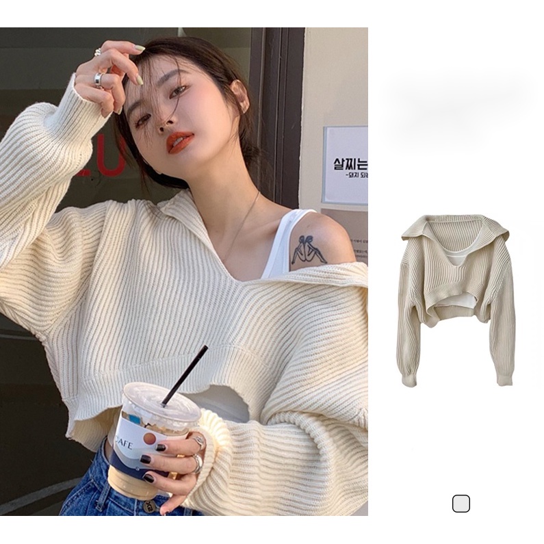 Áo croptop dệt kim tay dài dáng rộng duyên dáng dễ phối đồ cho nữ