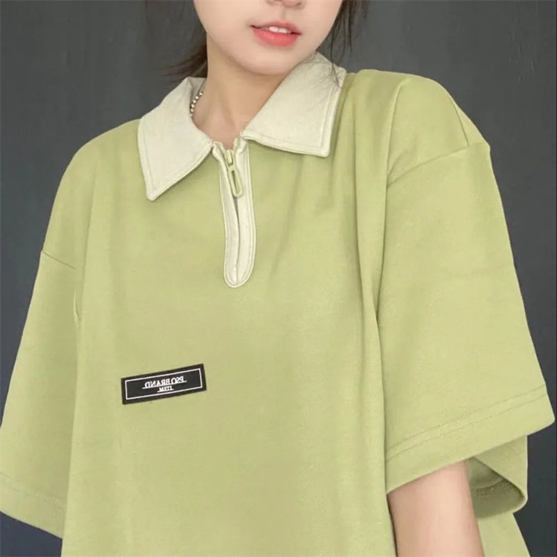 Áo polo Tay Ngắn Dáng Rộng Có Khóa Kéo Phối Màu Sắc Phong Cách Nhật Hàn Thời Trang Cho Nữ