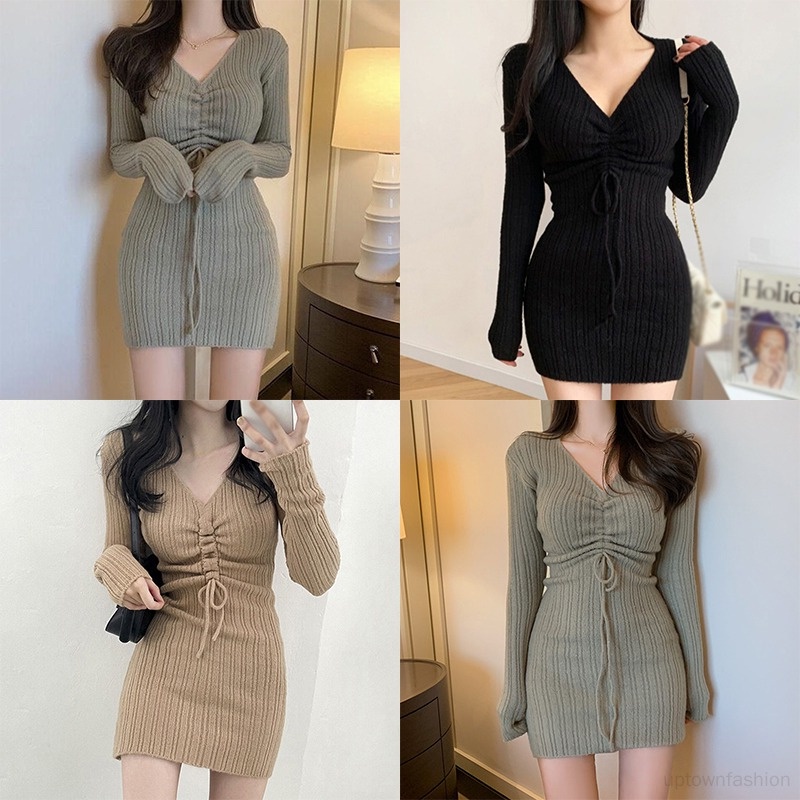 Đầm Dệt Kim Tay Dài Màu Sắc Đơn Giản Phối Dây Rút Thời Trang Cho Nữ