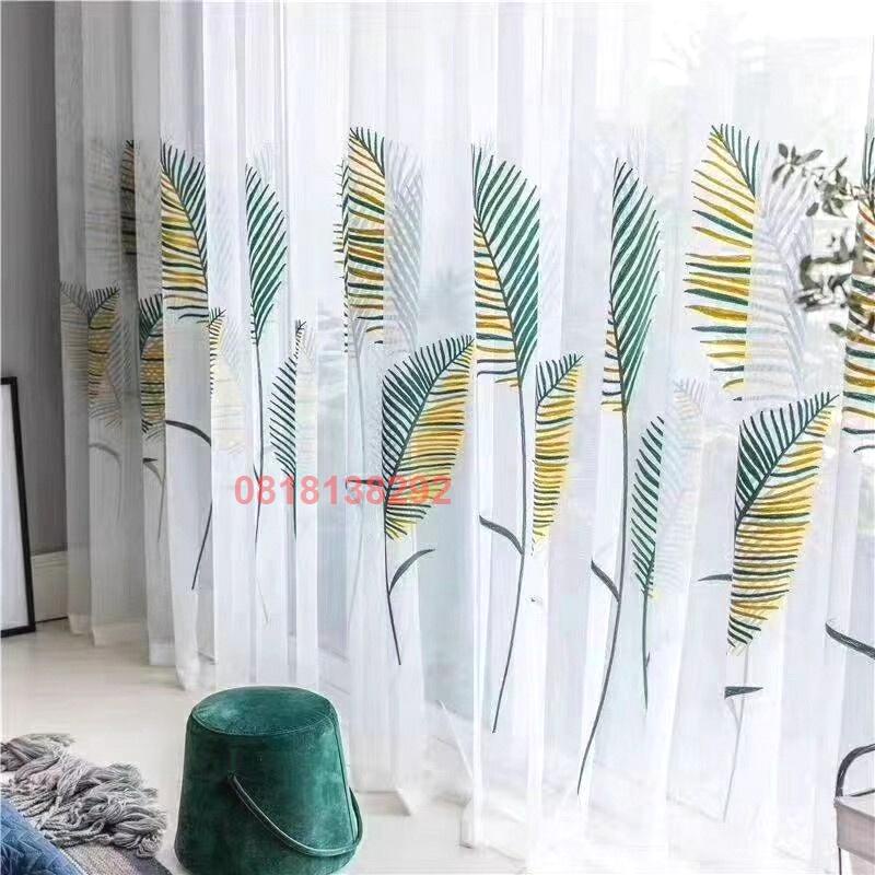 Rèm voan LÁ XANH VÀNG, rèm cửa dán tường, treo thanh trang trí décor cửa sổ phòng khách phòng ngủ. Nhận MAY THEO YÊU CẦU