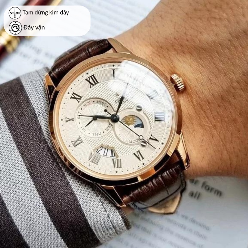 Đồng hồ nam Orient Watch Sun And Moon RA-AK000 máy lộ cơ automatic mặt kính cường lực dây da đeo tay cao cấp chính hãng