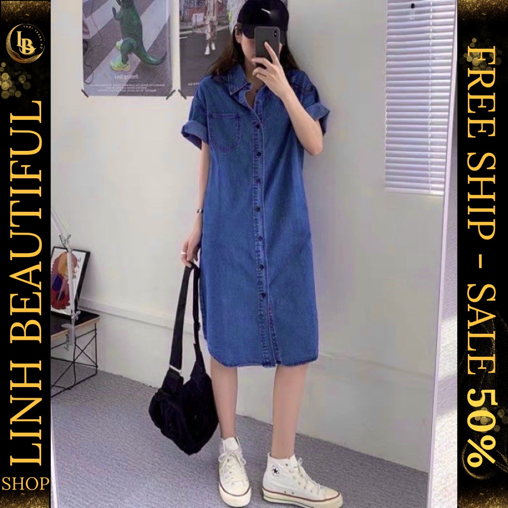 💕𝙁𝙍𝙀𝙀𝙎𝙃𝙄𝙋💕Váy sơ mi bò kaki jeans dáng dài qua gối - Đầm sơ mi suông dáng rộng siêu phẩm năng động , Linh Beautiful