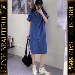 💕𝙁𝙍𝙀𝙀𝙎𝙃𝙄𝙋💕Váy sơ mi bò kaki jeans dáng dài qua gối - Đầm sơ mi suông dáng rộng siêu phẩm năng động , Linh Beautiful