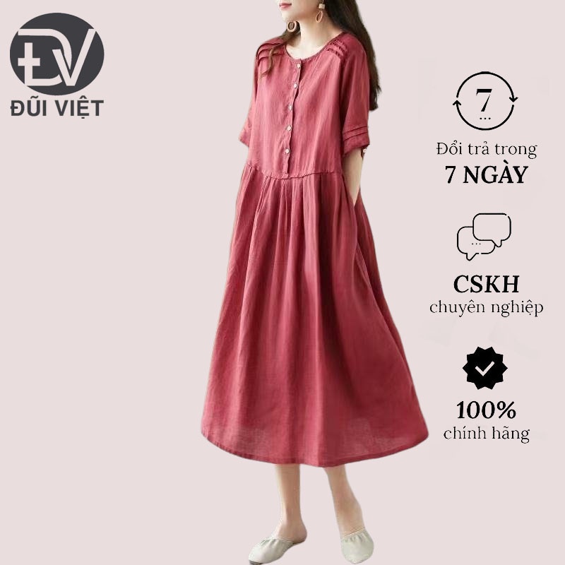 Đầm suông nữ Đũi Việt, thiết kế dáng xòe trẻ trung xếp ly vai và tay