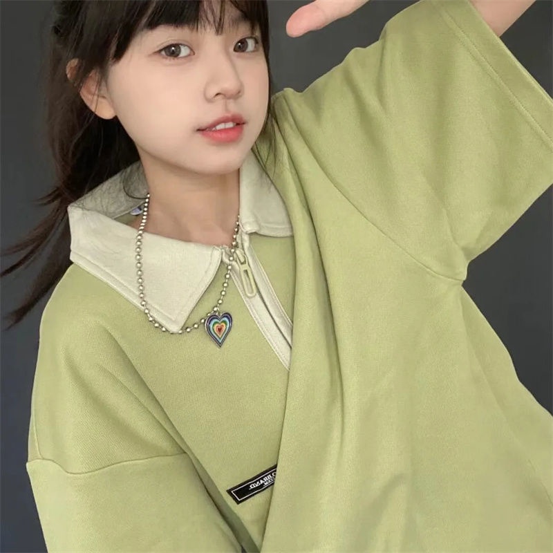 Áo polo Tay Ngắn Dáng Rộng Có Khóa Kéo Phối Màu Sắc Phong Cách Nhật Hàn Thời Trang Cho Nữ