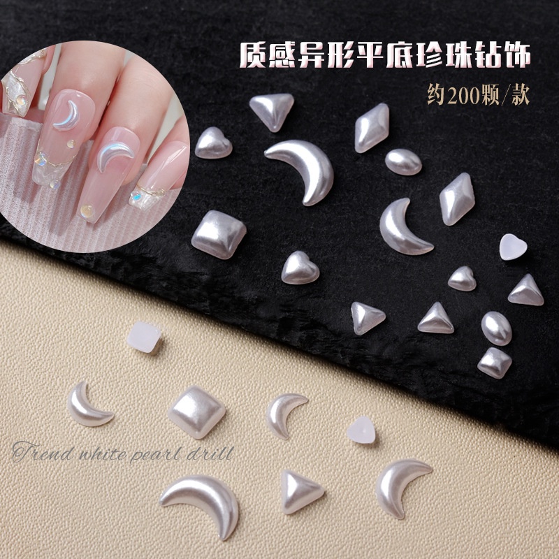 Set 200 Phụ Kiện Trang Trí Móng Tay Hình Trăng Sao Màu Trắng Đính Ngọc Trai