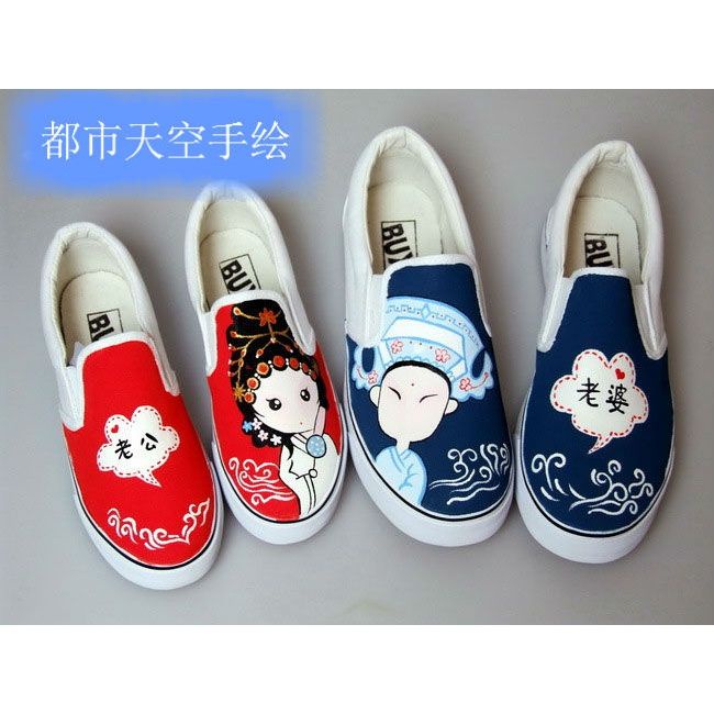 Miễn Phí Vận Chuyển Giày Canvas Không Dây Co Giãn Phong Cách Bắc Kinh Opera Trang Điểm Mặt Tình Yêu Cho Cặp Đôi
