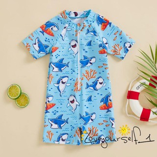 Bộ đồ bơi liền thân ngắn tay in hoạt hình cá mập có khóa kéo b930g-kid dành cho bé trai gái