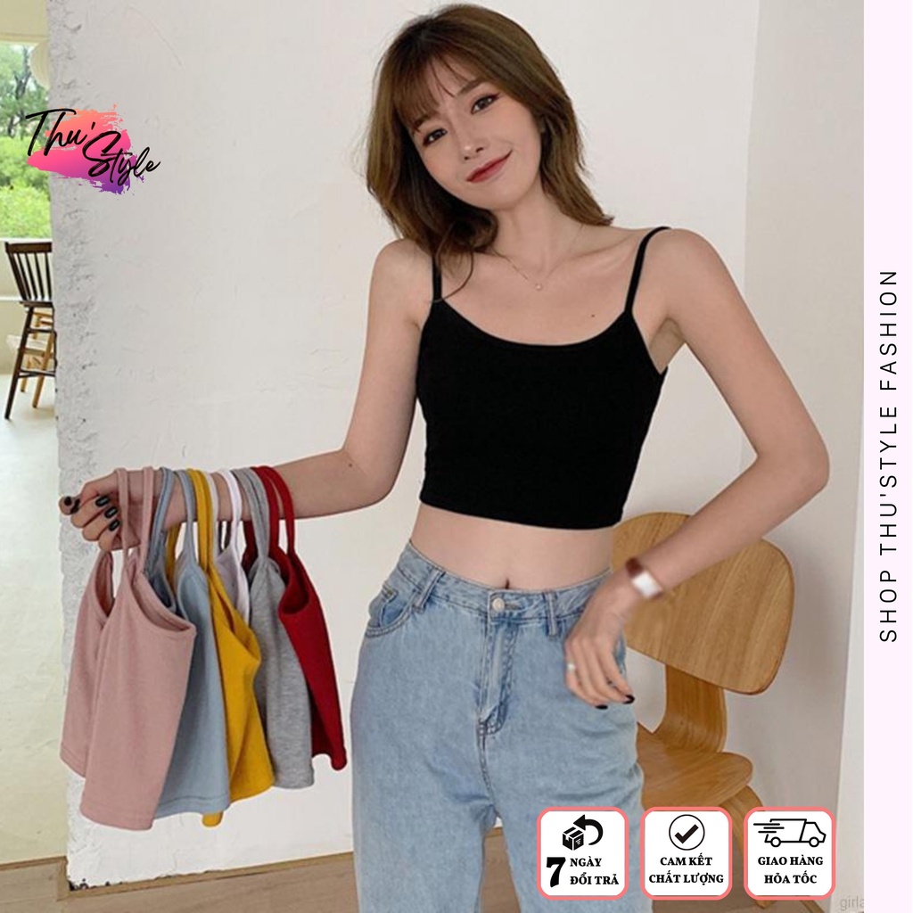 Áo croptop thun 2 dây mảnh thiết kế gợi cảm dành cho nữ chất len gân không tay dáng ôm viền trơn tương phản màu màu xanh