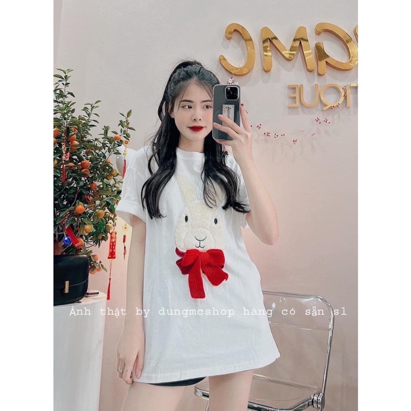 Áo phông hình thỏ nơ phụ kiện thật dáng rộng chất cotton khô Mã A09