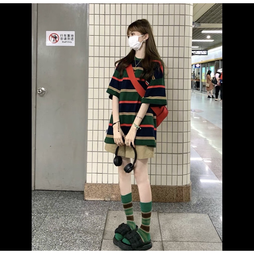 Bộ Thun Kẻ Đen Quần Short Nữ [FREESHIP]  Set áo phông tay lỡ kèm quần đùi kaki form oversize Ulzzang