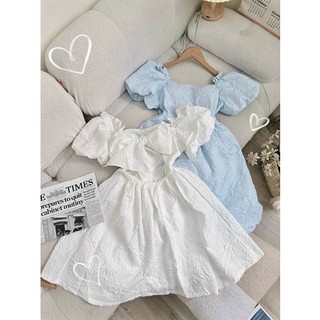 Váy nữ tay phồng nhẹ nhàng, Đầm xốp cột nơ sau Mụp store
