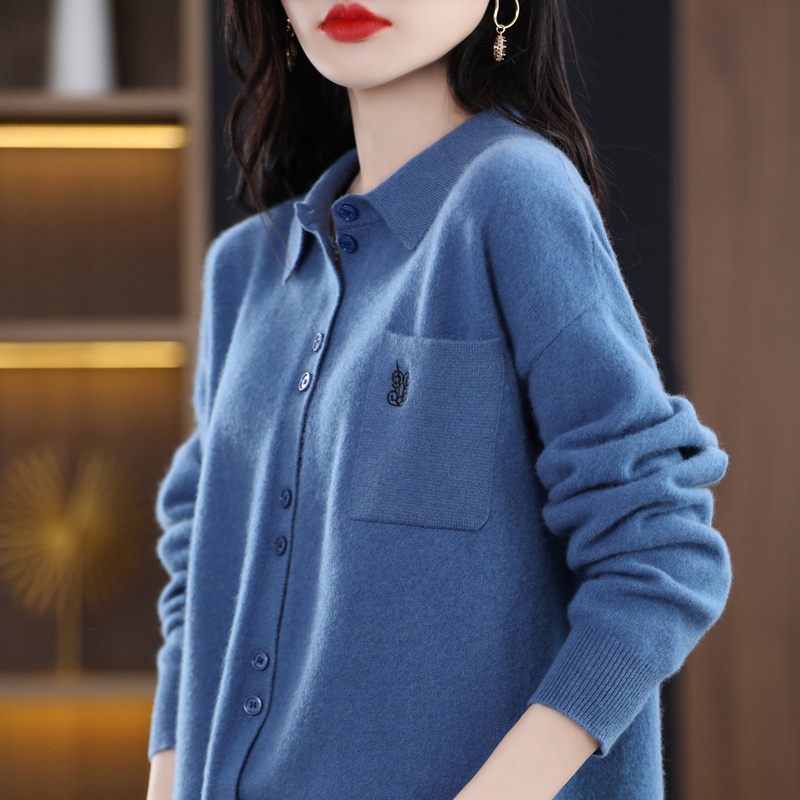 Áo Khoác Cardigan Dệt Kim Cổ POLO Thêu Họa Tiết Thời Trang Xuân Thu