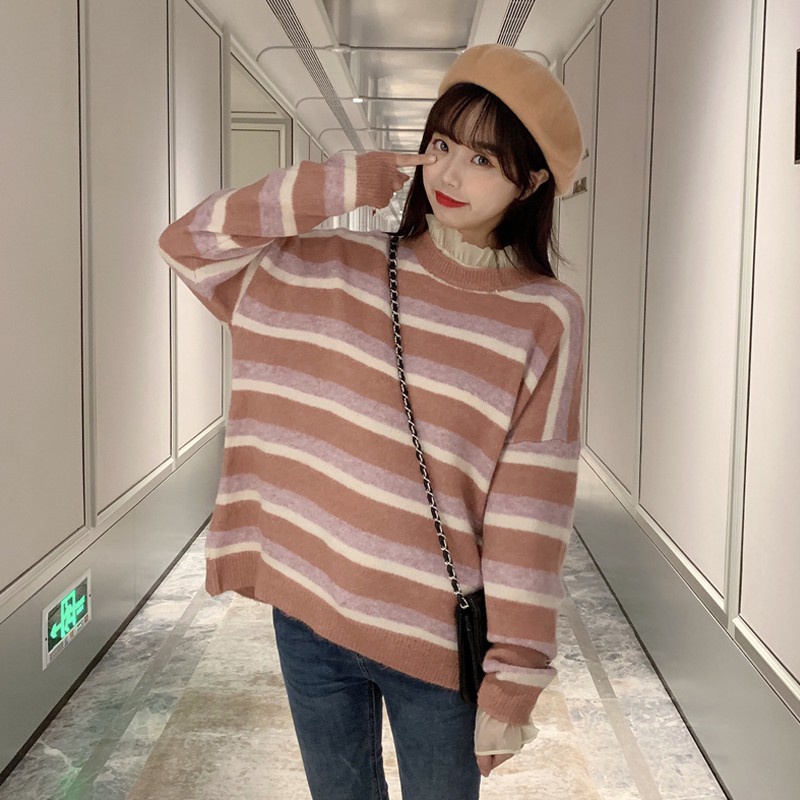 Order 10 ngày_áo len mịn kẻ ngang, áo voan dài tay SJ0218