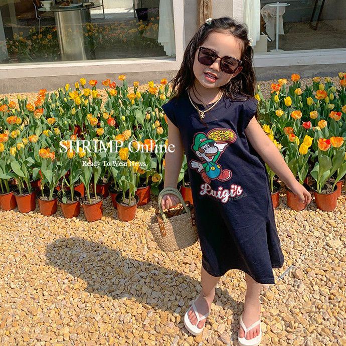 Đầm Thun Cotton Dáng Rộng Tay Ngắn In Họa Tiết Hoạt Hình Phong Cách Hàn Quốc Thời Trang Mùa Hè Cho Bé Gái