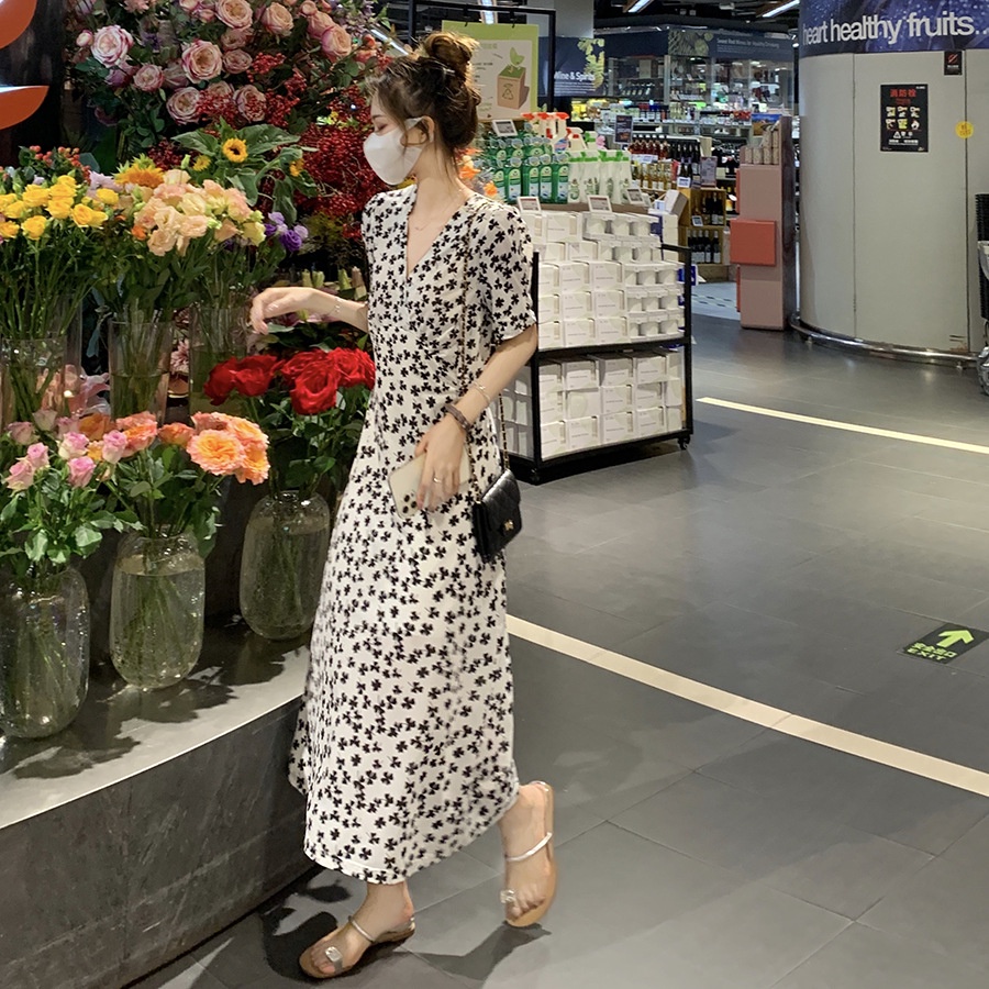 Đầm Hoa Dáng Dài Cổ V Thời Trang Mùa Hè Pháp Quý Phái