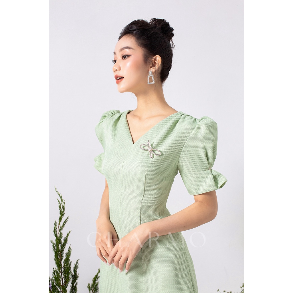 Đầm thiết kế CHARMO cổ V tay phồng nhún tay cách điệu form dáng xòe vải cotton bố Drawstring Shoulder Dress