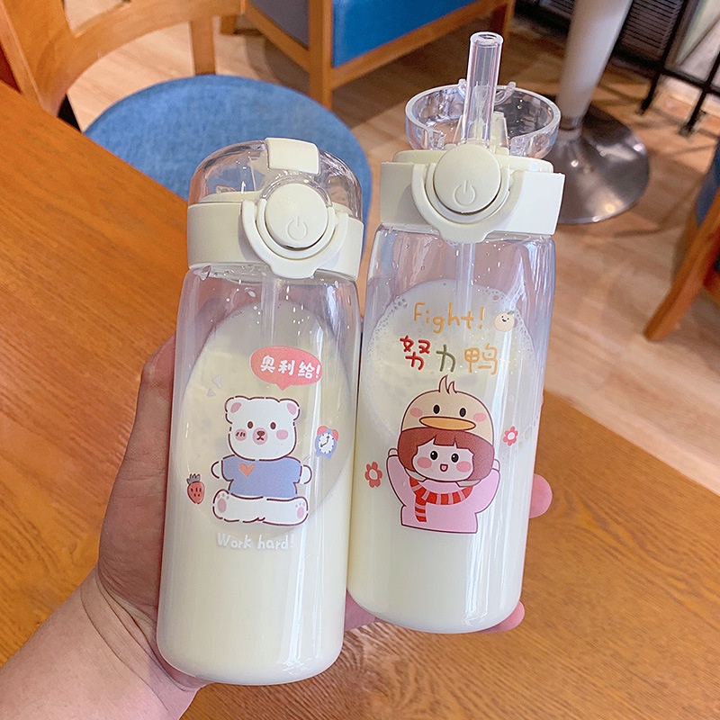 Bình Nước 400ml Mini Dễ Thương Thân Thiện Với Môi Trường Có Nắp Và Ống Hút Cho Trẻ Em