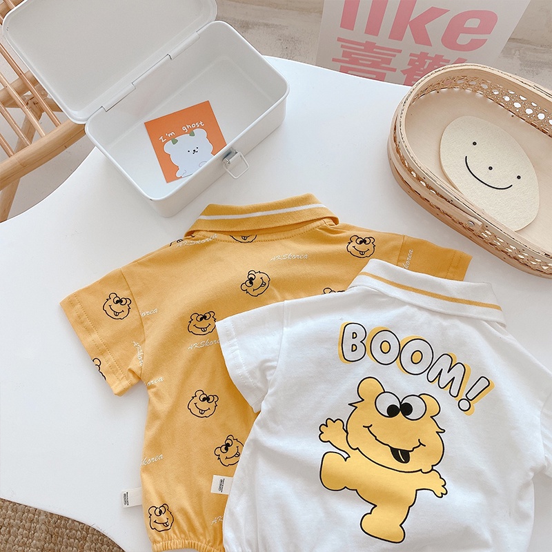 Bộ Áo Liền Quần Ngắn Tay In Chữ Hoạt Hình Cho Bé