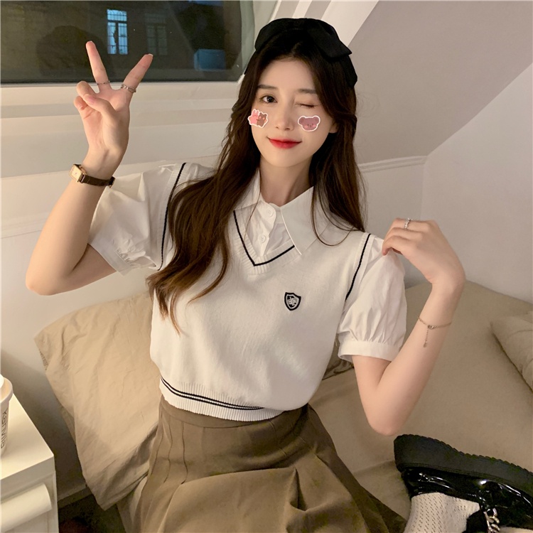 Áo Dệt Kim Sát Nách Cổ Polo Giả Hai Lớp Thời Trang Cá Tính Trẻ Trung