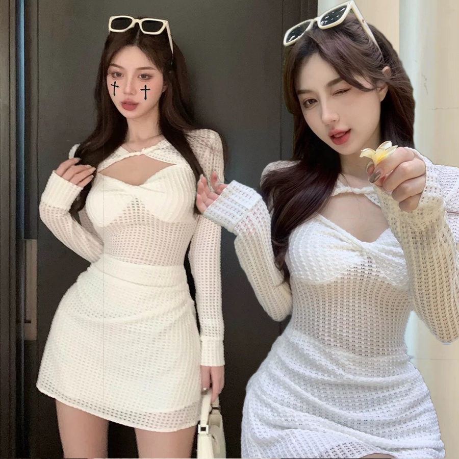 Set Đầm hai dây trắng ren và áo tay dài