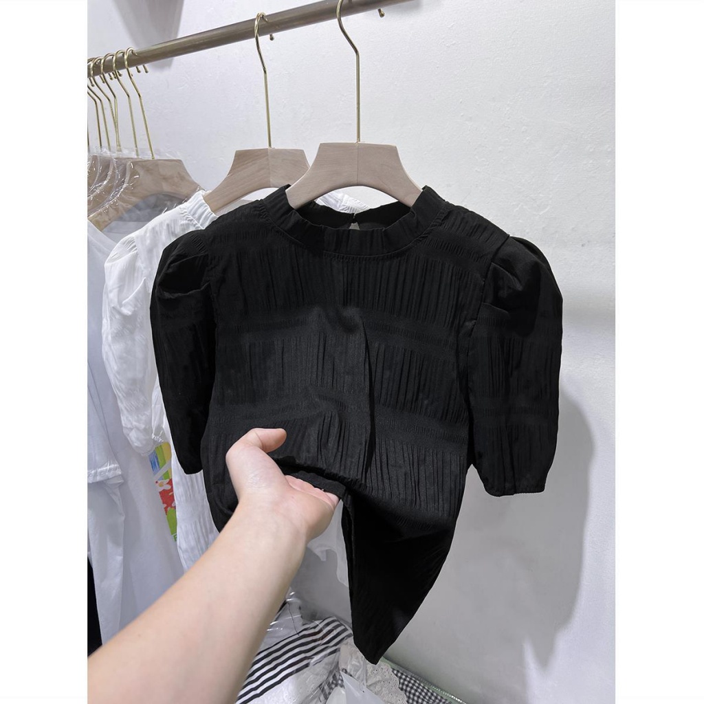 Áo Sơ Mi Chiffon Tay Ngắn Phồng Màu Đen Thời Trang Mùa Hè 2023 Cho Nữ