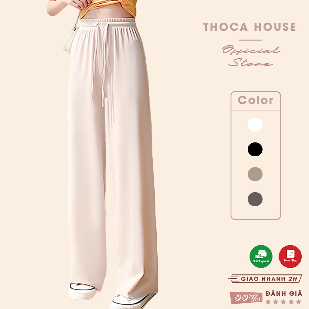 Quần ống rộng lưng thun vải tăm freesize cột nơ nhiều màu THOCA HOUSE mặc thường ngày thoải mái, dễ phối đồ cực chất