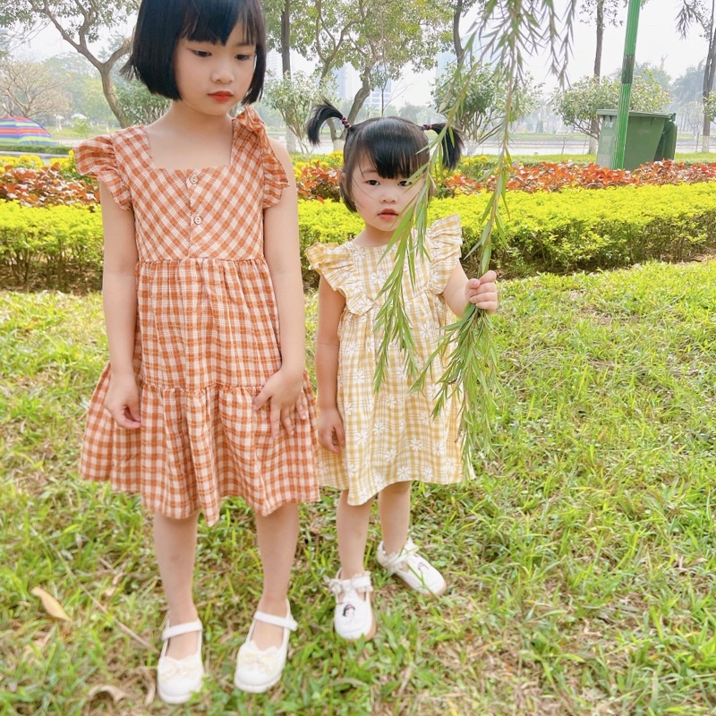 Đầm bé gái cánh tiên caro 7-27kg❤️Đầm cho bé gái đi biển, đi chơi mùa hè💕Tặng nơ kẹp tóc❤️M.C kids