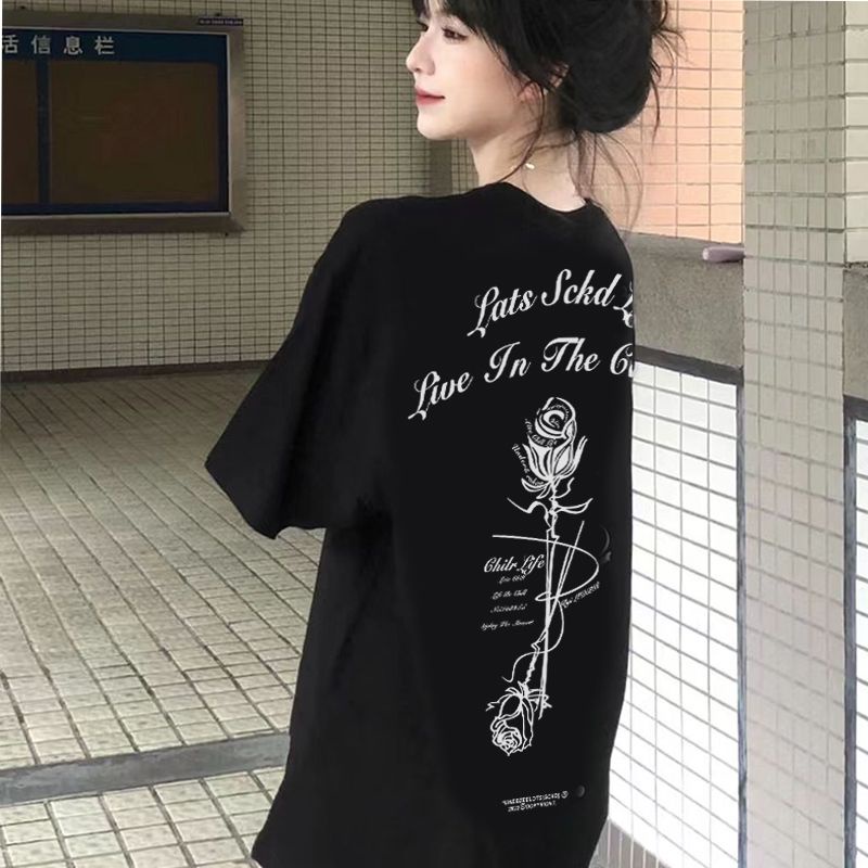 Áo thun COZOKC tay ngắn dáng rộng in hình hoa hồng thời trang