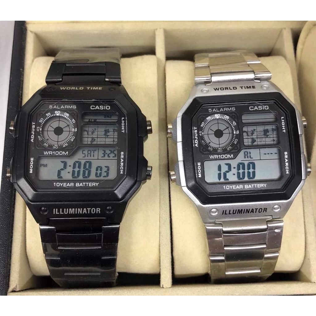 ĐỒNG HỒ NAM NỮ  AE1200 WHD Dây Kim loại chống nước tốt mặt vuông đủ màu