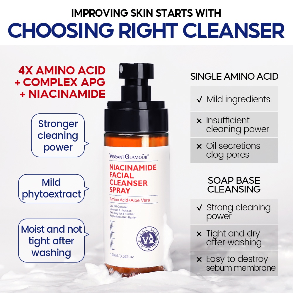 Xịt Rửa Mặt VIBRANT GLAMOUR Niacinamide 4X Amino Acid Làm Sạch Sâu Dưỡng Ẩm Kiểm Soát Dầu Làm Trắng Da 100ML