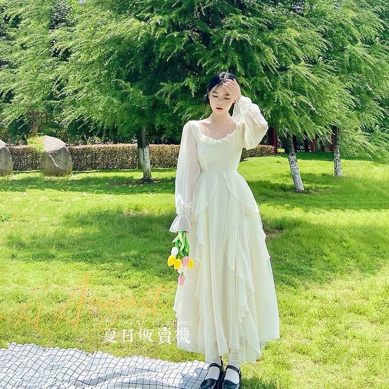 Váy voan dài cổ vuông dài tay công chúa ulzzang cực xinh (Có ảnh thật)