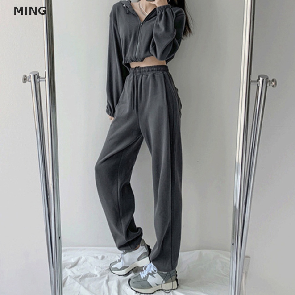 Quần Jogger Lưng Cao Ống Rộng Phối Dây Rút Thời Trang Đường Phố Cá Tính Cho Nữ