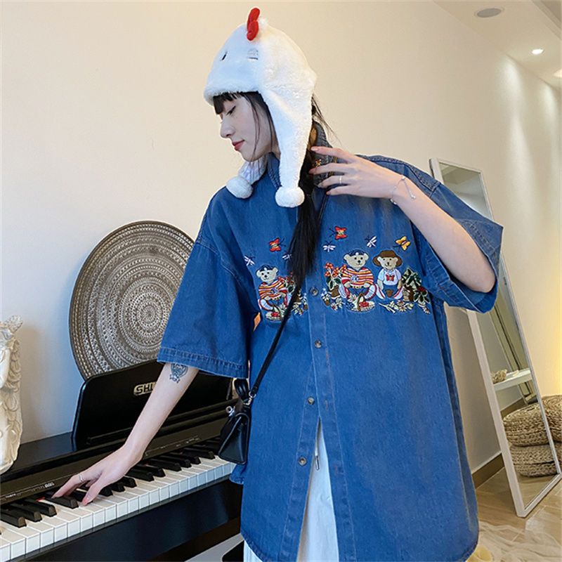 COZOK Áo Sơ Mi denim Ngắn Tay Dáng Rộng Thêu Họa Tiết Kiểu vintage