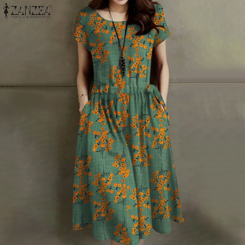Đầm ZANZEA dây rút ngắn tay in họa tiết caro phong cách Hàn Quốc cho nữ