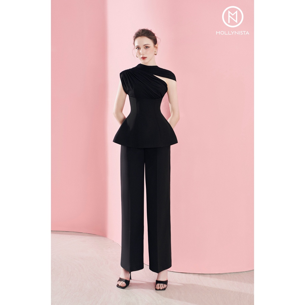 MOLLYNISTA (SALE 35%) Áo thiết kế peplum phối thun chéo cổ thanh lịch nữ tính cao cấp công sở form ôm tôn dáng