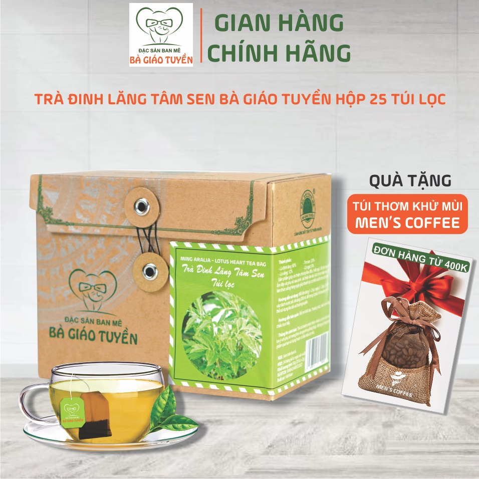 Trà thảo mộc Bà Giáo Tuyền - Trà đinh lăng tâm sen thức uống đẹp da, kích thích tiêu hoá, thanh lọc cơ thể. Hộp 25 túi