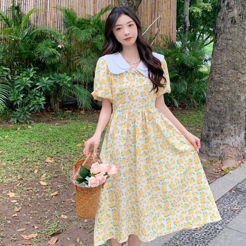 Đầm Dài Tay Phồng Cổ Búp Bê Hai Lớp In Hoa Thời Trang Mùa Hè Dành Cho Nữ