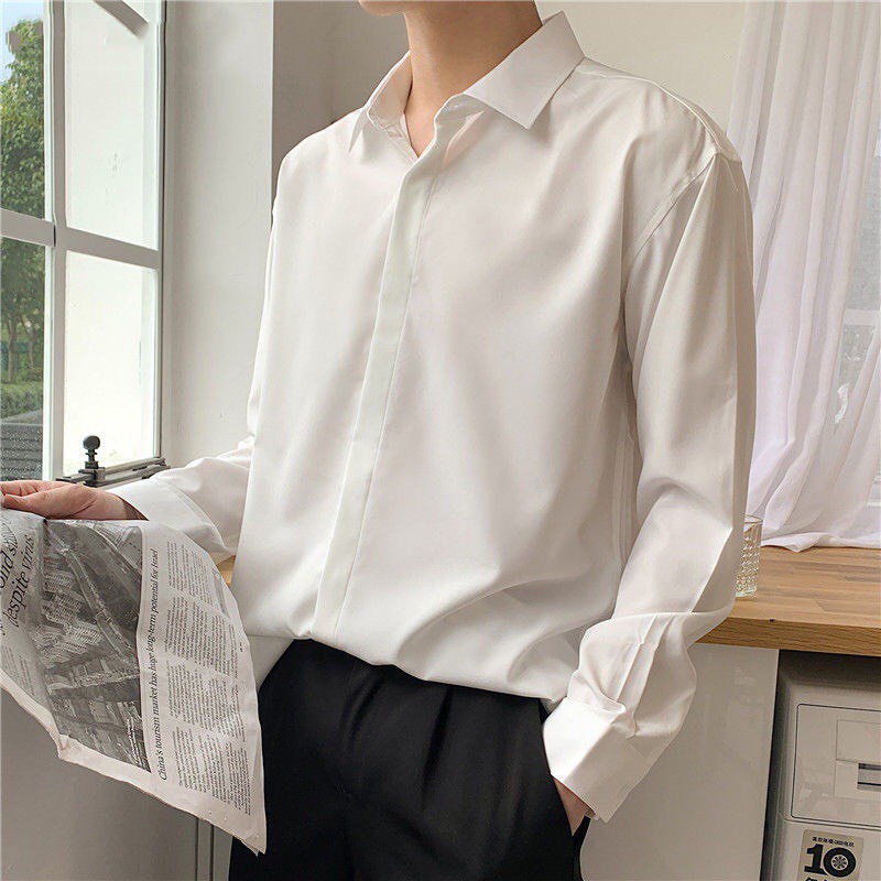 Áo sơ mi nam nữ dài tay Unisex Basic màu trắng và đen sơ mi lụa mịn mát form rộng suông ELNIDO-ED03 | BigBuy360 - bigbuy360.vn