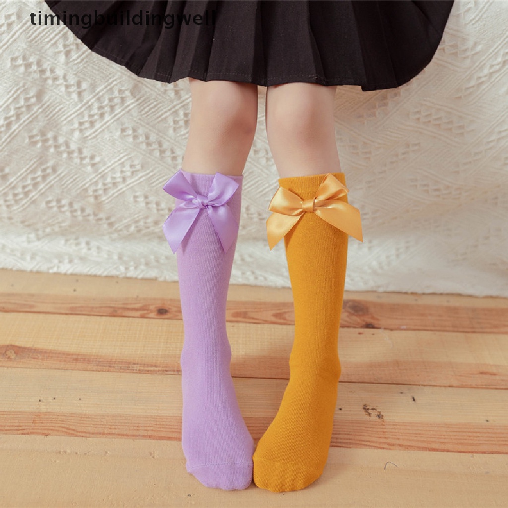 1 Đôi Vớ Cotton Mềm Cao Đến Đầu Gối Chống Muỗi Thoáng Khí Đính Nơ Màu Trơn Ngọt Ngào Cho Bé