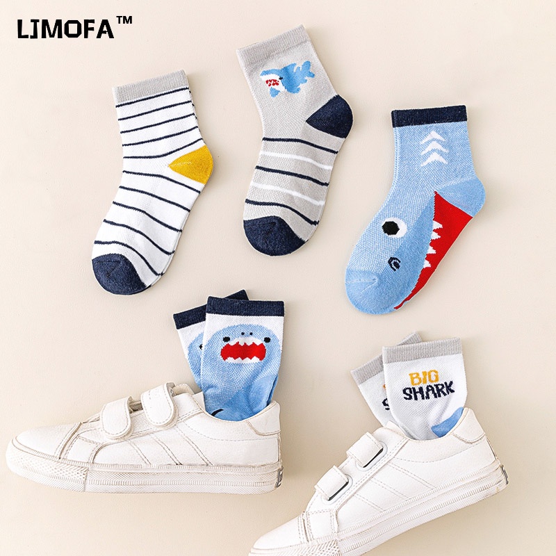 LJMOFA Set 5 Cặp Vớ Cotton Phối Lưới Thoáng Khí Thoải Mái Họa Tiết Hoạt Hình Dành Cho Bé Trai Gái 1-13 Tuổi