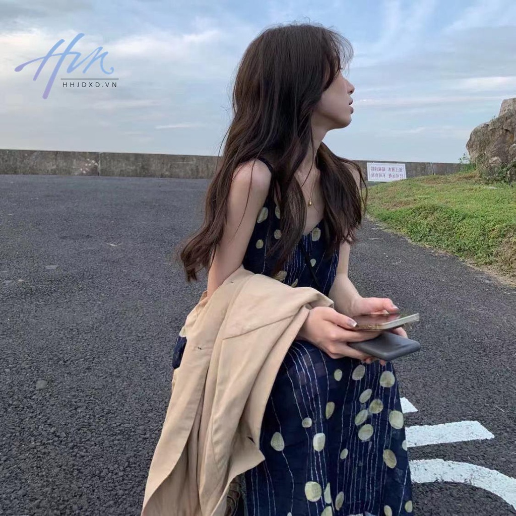 Đầm Hai Dây Cổ Chữ V Lưng Cao Dáng Ôm In Họa Tiết Thời Trang Pháp Cổ Điển Cho Nữ