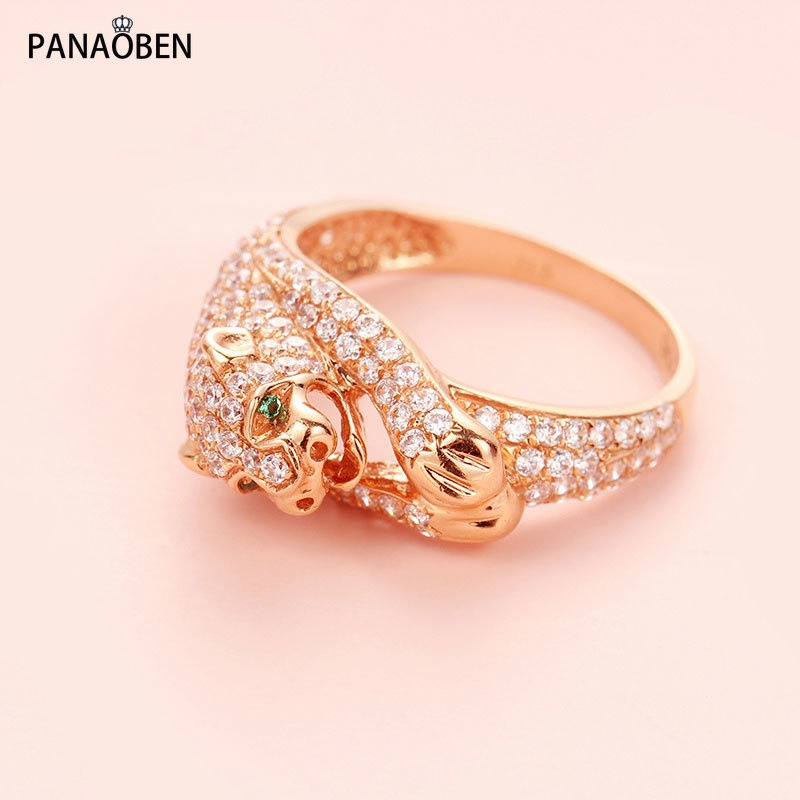 ♥Nhẫn Mạ Vàng Hồng 14k 585 Hình Đầu Báo Đính Kim Cương Lấp Lánh Cho Nam Và Nữ