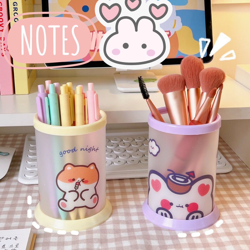 Ống Cắm Bút Hình Tròn Tự Lắp Ghép Chất Liệu Nhựa Cứng Cáp, Hoạ Tiết Cute Dễ Thương