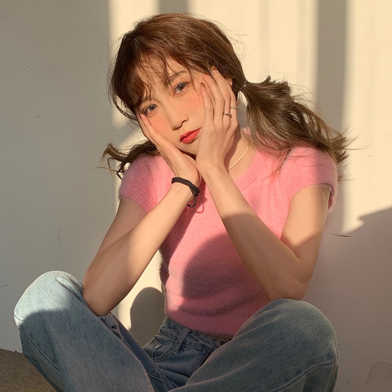 Áo Croptop Dệt Kim Cổ Tròn Màu Sắc Đơn Giản Phong Cách Hàn Quốc Cho Nữ